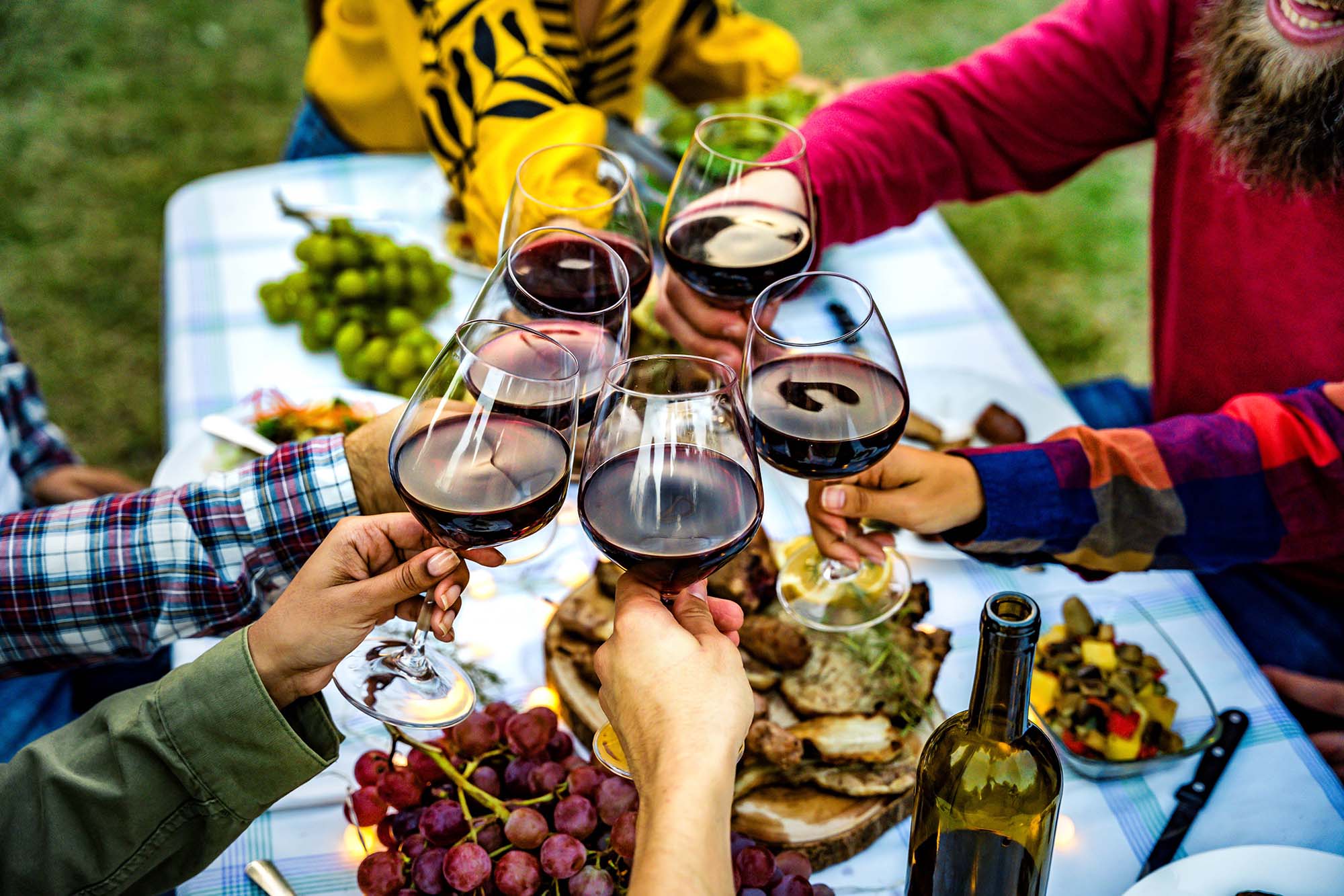Brindisi con calici di vino rosso tra amici, simbolo dei vini da tutti i giorni