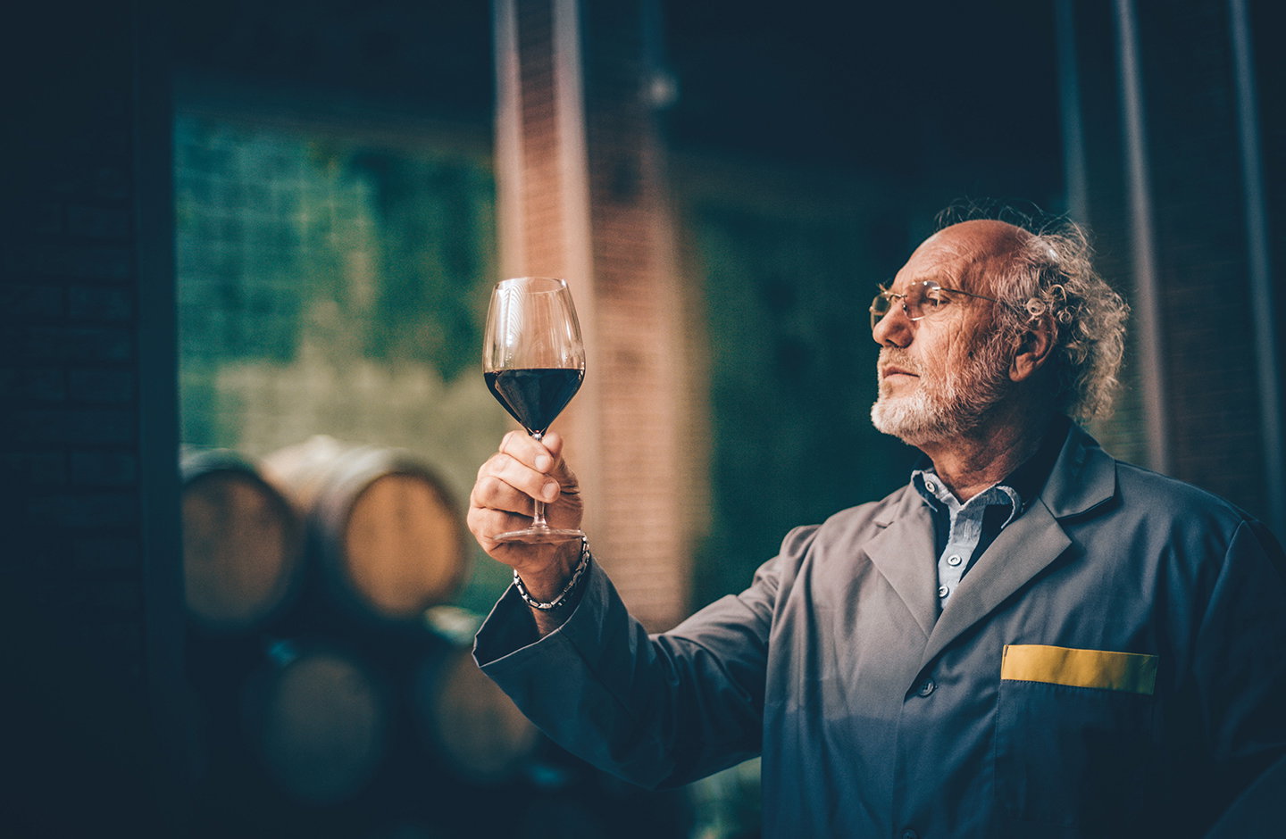 Degustatore di vino osserva un calice di rosso, valutazione professionale secondo standard James Suckling