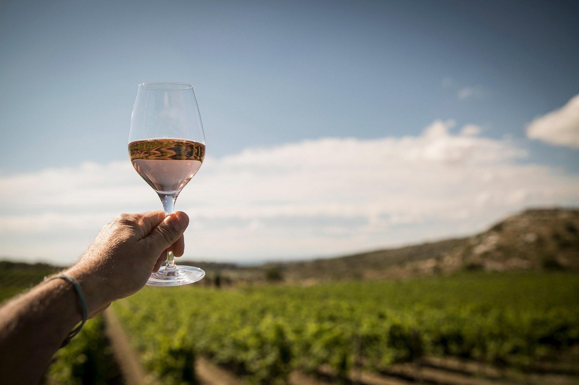 Calice di vino rosato all’aperto, cielo azzurro sullo sfondo, offerte rosati sotto i 10 euro.