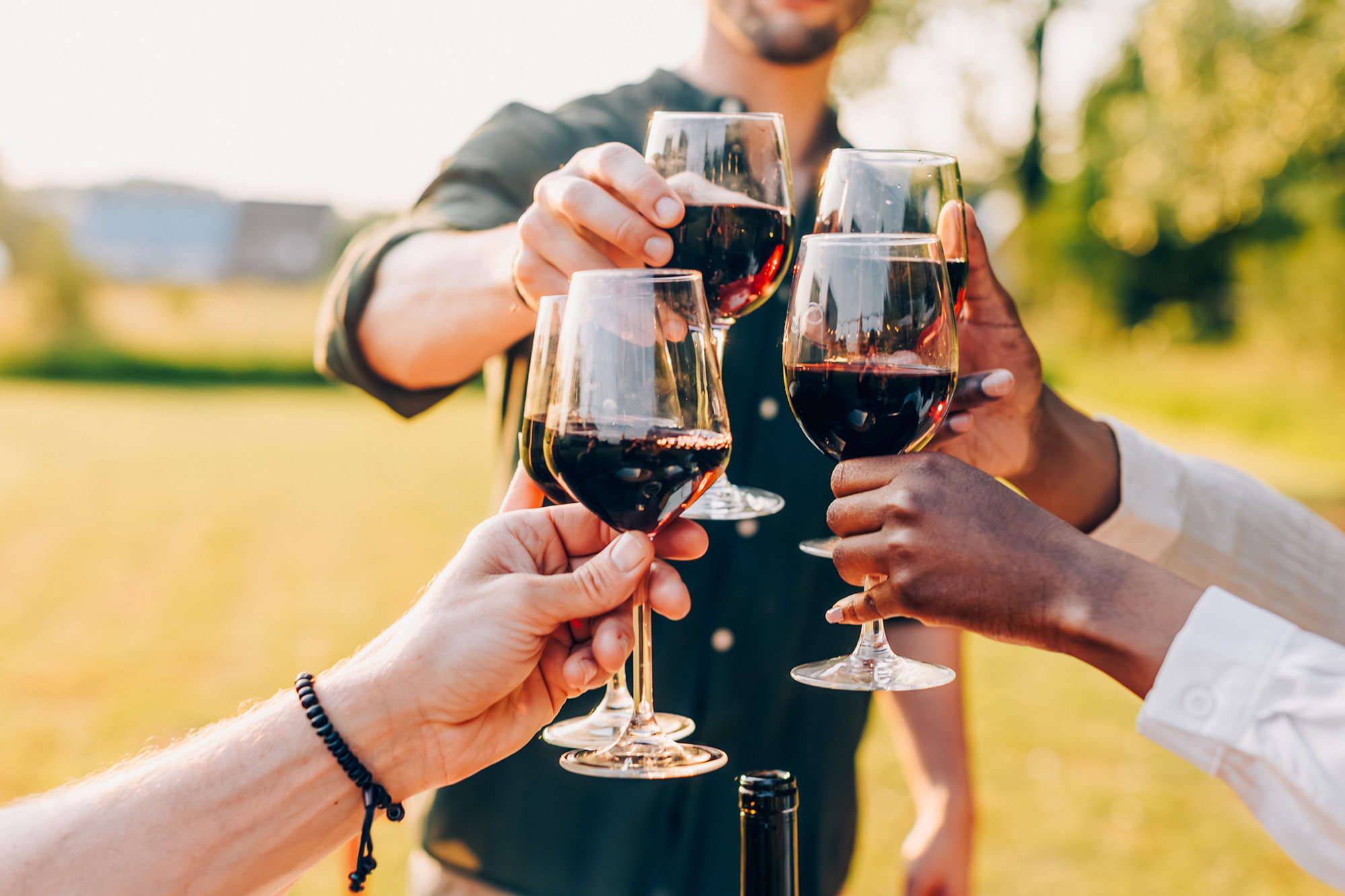 Brindisi con vino rosso di Borgogna all’aperto