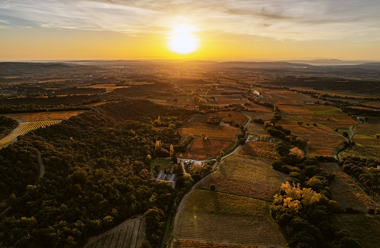 Paesaggio al tramonto sui vigneti della Côtes du Rhône