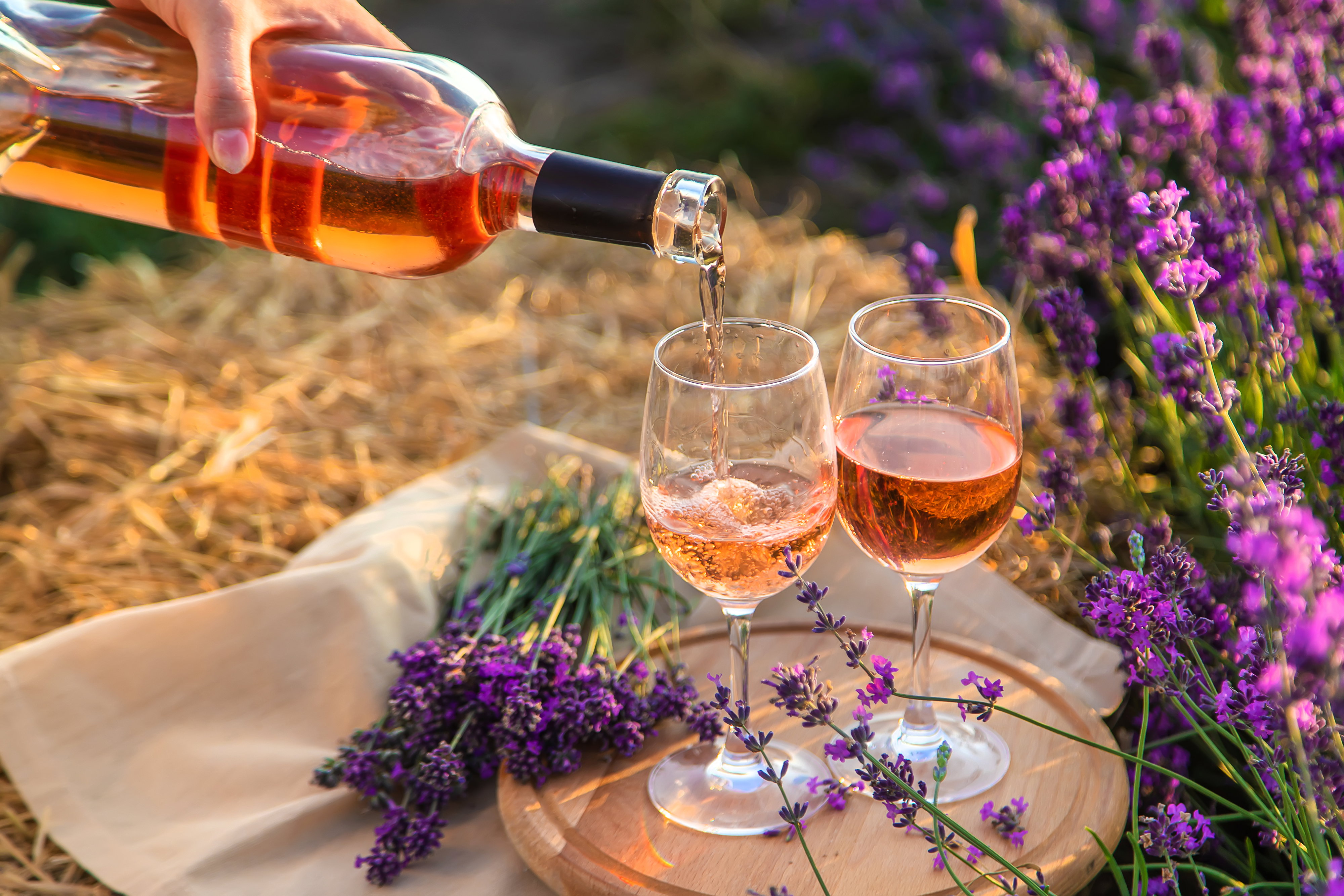 Due bicchieri di vino rosato immersi tra fiori di lavanda, simbolo di freschezza e convivialità